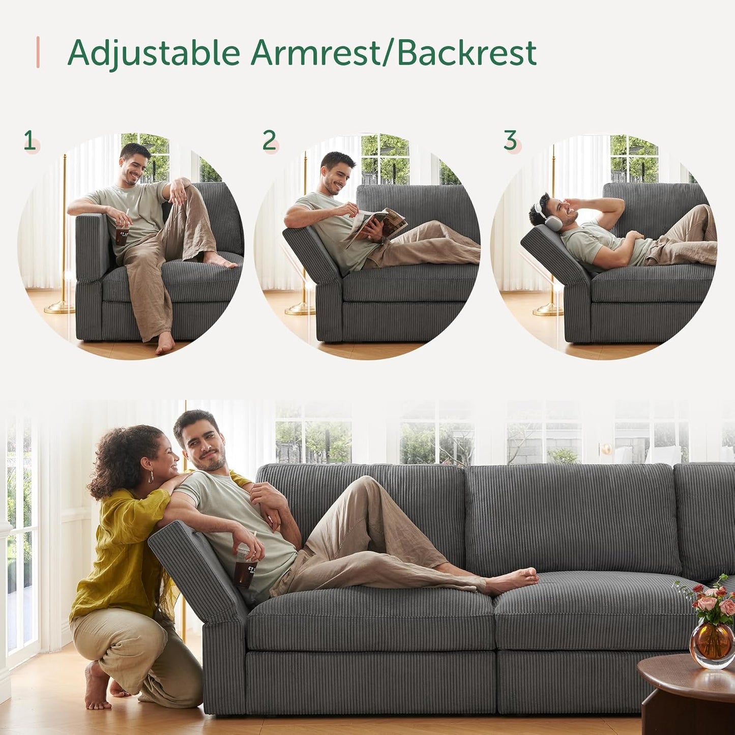 HONBAY Modular Sectional Sofa with Storage Corduroy Sleeper Sofa Modular Sectional Couches for Living Room,Dark Grey