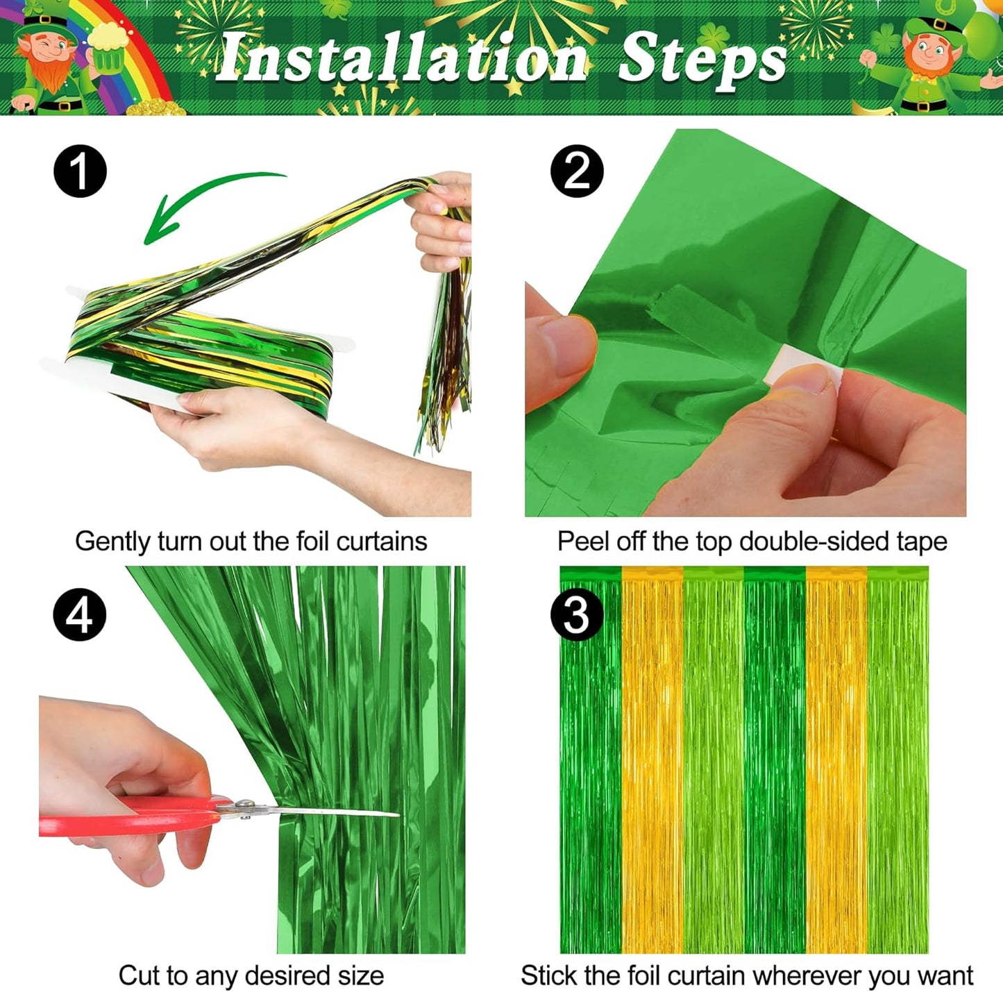 2 Pack St Patrick Party Decorations, 3.28 FT x 7.05 FT Green Gold Light Green Backdrop Curtains, Metallic St.Patrick Fringe Curtains Party Streamer Tinsel Backdrop, St Patrick Party Supplies