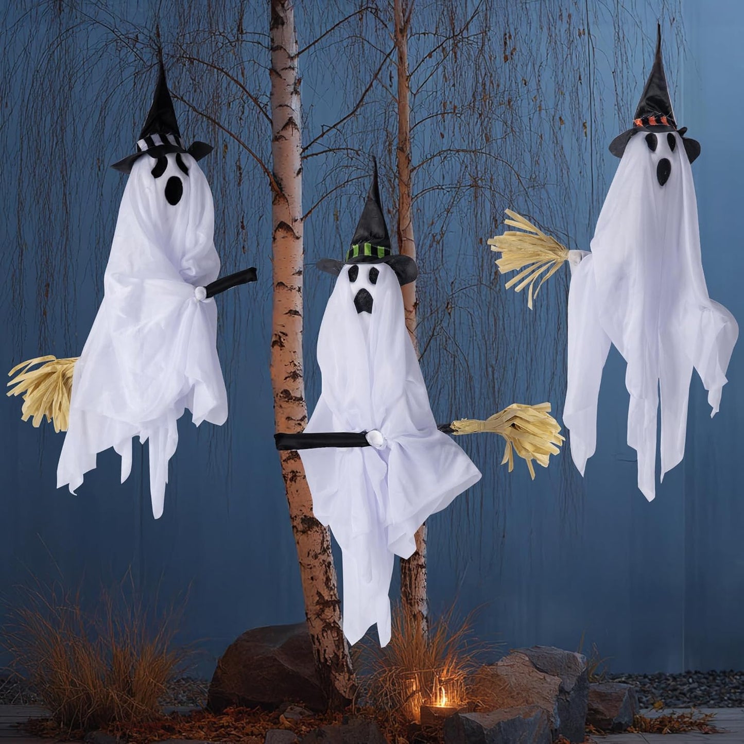 Hourleey Halloween Hanging Ghosts Decorations, 3 Pack 23" Cute Flying White Ghost with Broom, Halloween Decor Outdoor for Front Yard Patio Lawn Garden Party Porch
