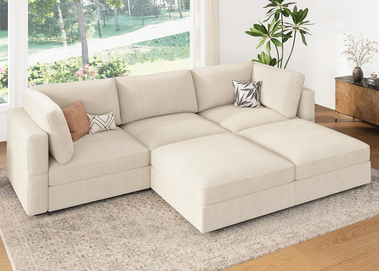 HONBAY Modular Sectional Sofa with Storage Corduroy U Shaped Sofa Modular Sectional Couches for Living Room,Beige