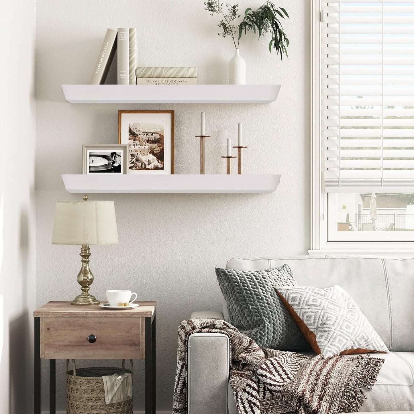 24"x6.8"x1.6" Slanted Floating Wall Shelves 2-Pack - Rustic White Finish, Heavy-Duty Solid Wood Design with Hidden Brackets - Perfect for Living Room, Kitchen, Bathroom, or Office