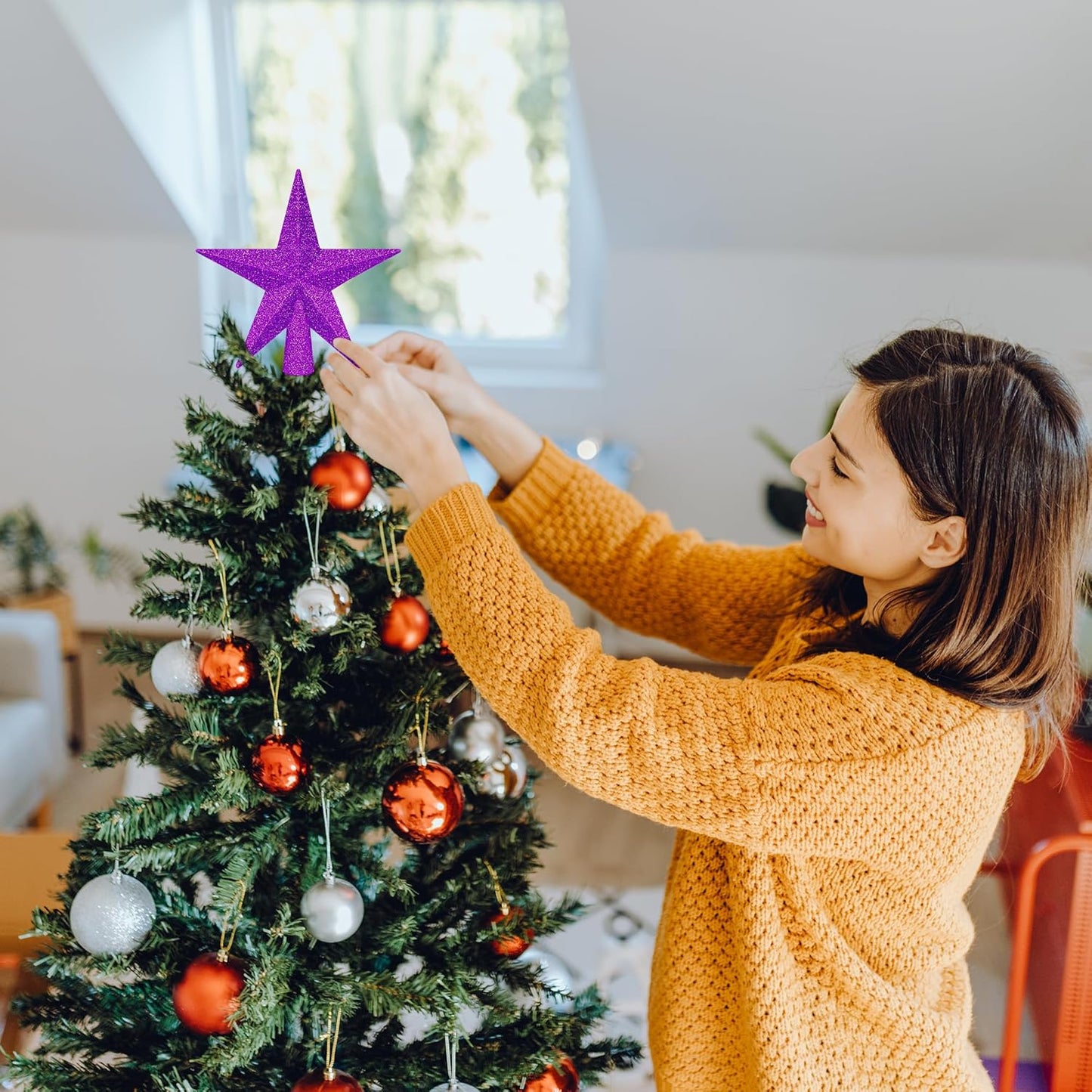 1PCS Christmas Tree Star Topper, Purple 4" Xmas Tree Topper Decorations, Glitter Shatterproof Mini Bethlehem Star Tree Decor, Waterproof Star Tree Topper for Christmas Holiday Indoor/Outdoor Ornament