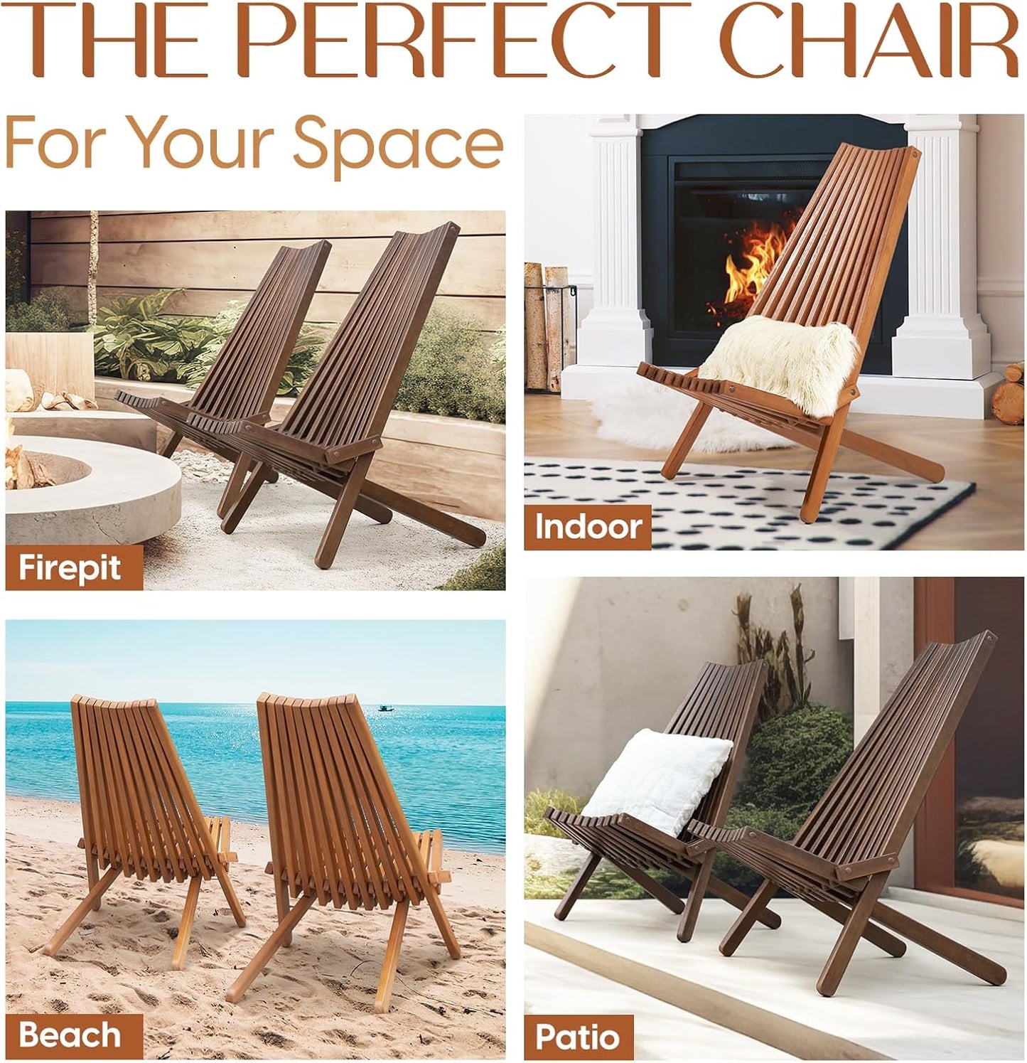 IDZO Elina FSC Eucalyptus Tamarack Chairs, 22.5x31.5x36 in, Weatherproof Wood, Lightweight 19 lb Design, Folding High-Backrest, Natural Finish – Ideal for Patio Furniture Set or Outdoor Furniture