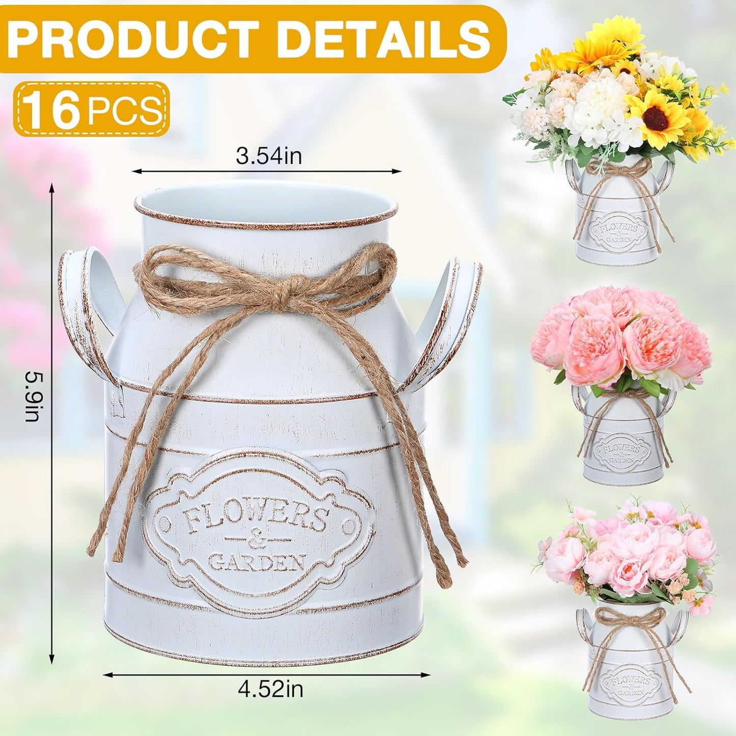 6 Inch Farmhouse Vase Decor Milk Can Vintage Flower Jug Galvanized Metal Vase with Handle Rustic Flower Buckets for Thanksgiving Christmas Table Centerpiece Weddings Gifts(Retro White,16 Pcs)