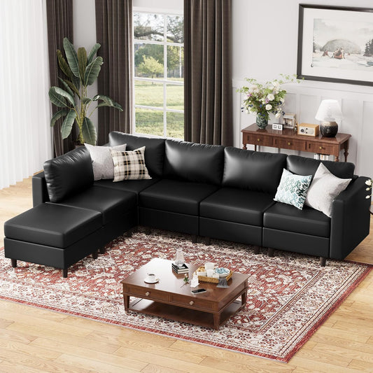 118.5" Faux Leather Modular Sectional Sofa, L Shaped Couch Set for Living Room, 6-Seater Comfy Cloud Couches with Movable Storage Ottoman Black