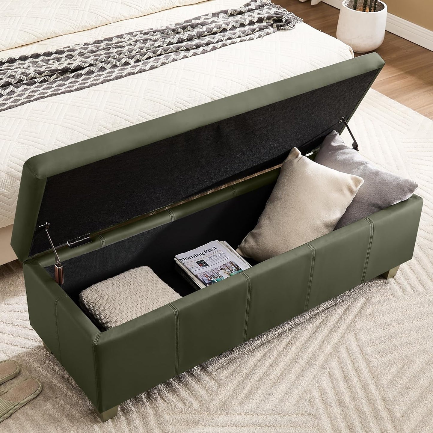 41" Faux Leather Storage Ottoman, Stitch Tufted Rectangle Upholstered End of Bed Storage Bench, Entryway Large Couch Ottoman with Wooden Legs,Green