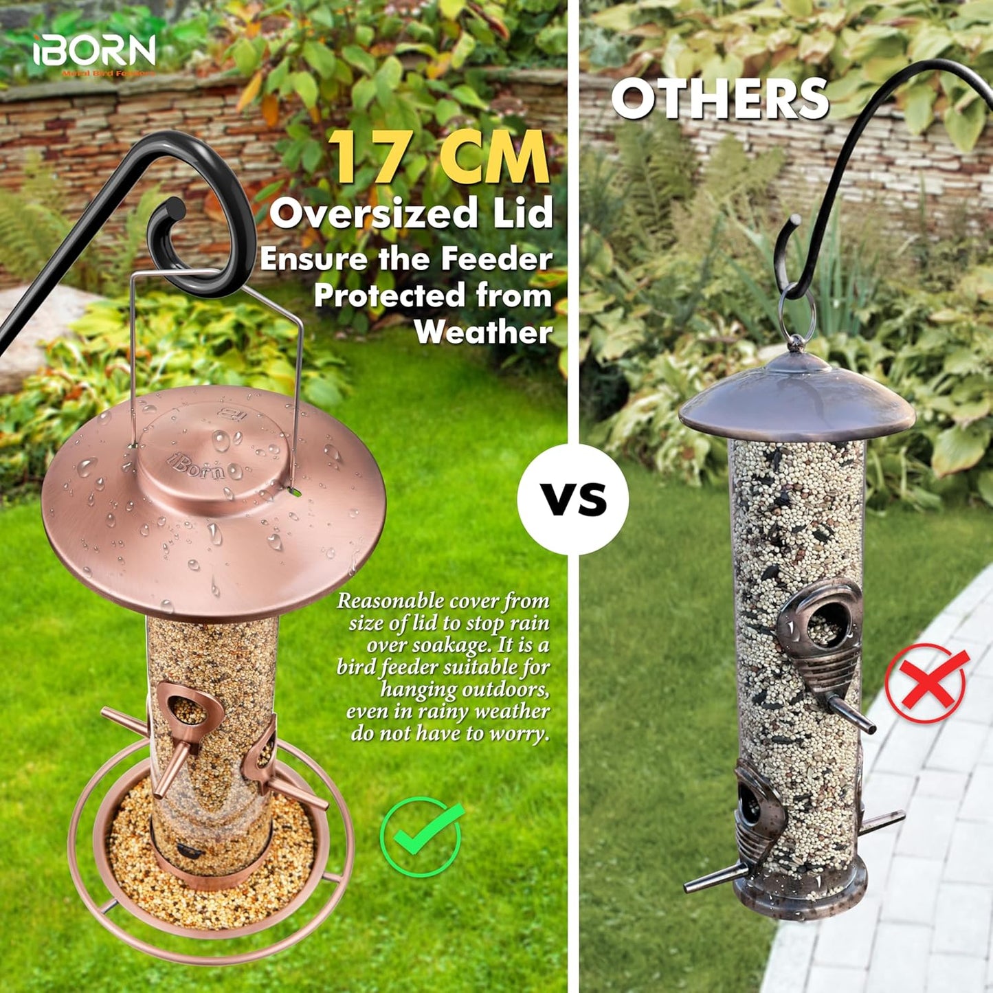 iBorn Bird Feeders for Outdoors, 2LB Metal Bird Feeders 17cm Large Roof &Tray, 4 Feeding Ports, Brushed Copper Finishing