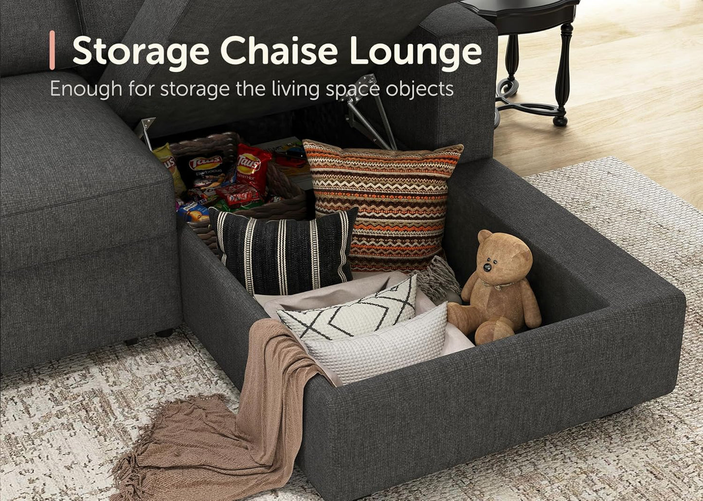 HONBAY Sectional Sleeper Sofa with Pull Out Bed U-Shape Sectional Couch Sleeper Bed with Storage Chaise 6 Seater, Light Grey