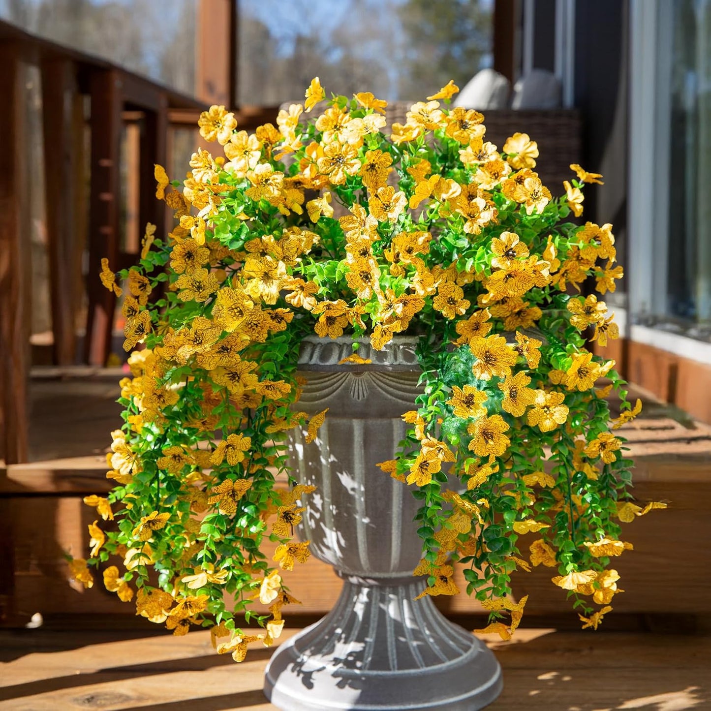 INSPRING Artificial Flowers Fall Faux Outdoor Outside Plants, 2 PCS Fake Silk UV Resistant Look Real Yellow Daisy Trailing Vines for Front Door Porch Planter Urn Patio Balcony Decoration