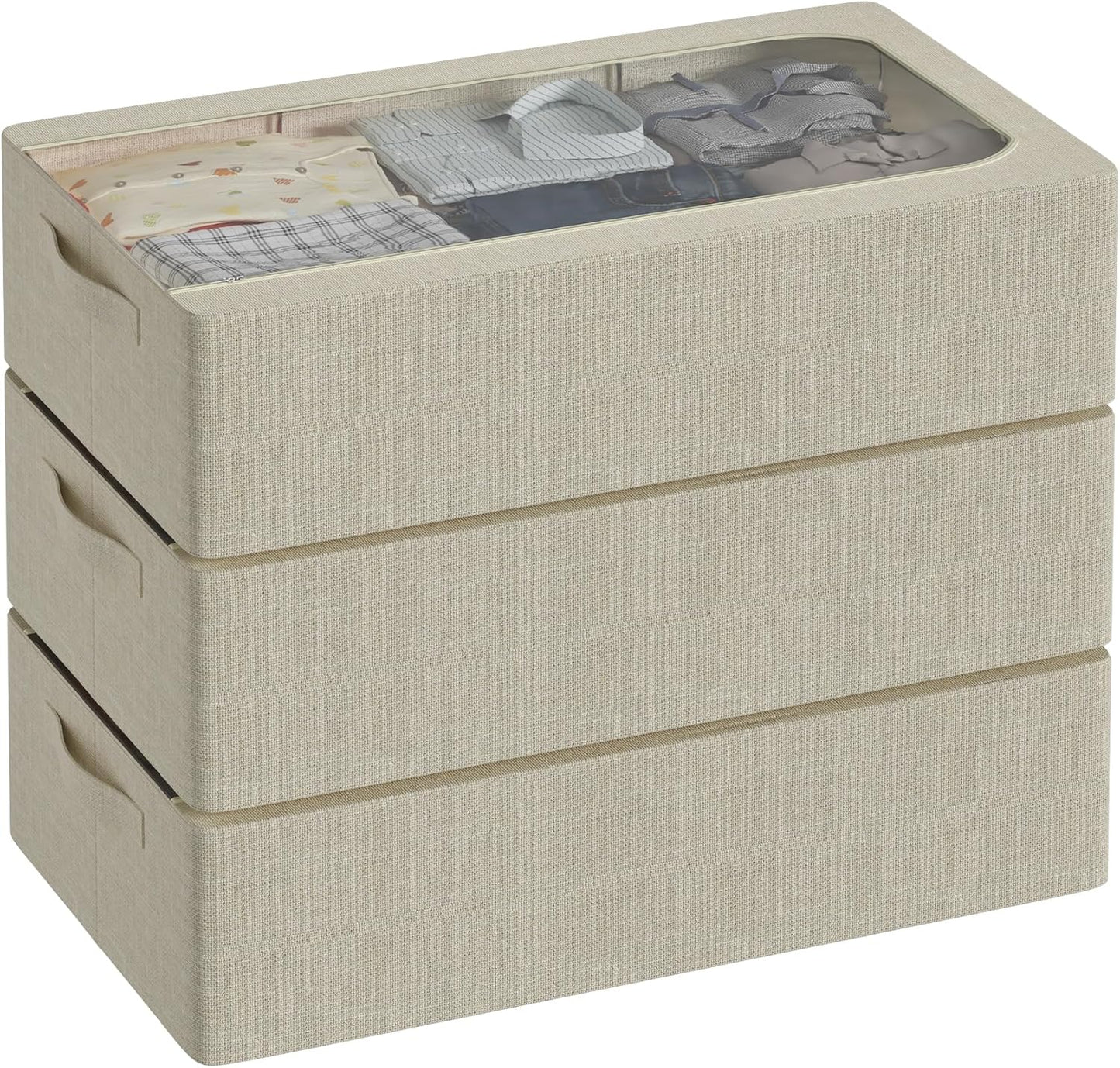 3PCS Under Bed Storage Bins with Metal Frame, Linen Fabric Frame Storage Box Clothes Organizer Bins, Underbed Container with Clear Window (Beige, 23.6 x 13 x 6IN)