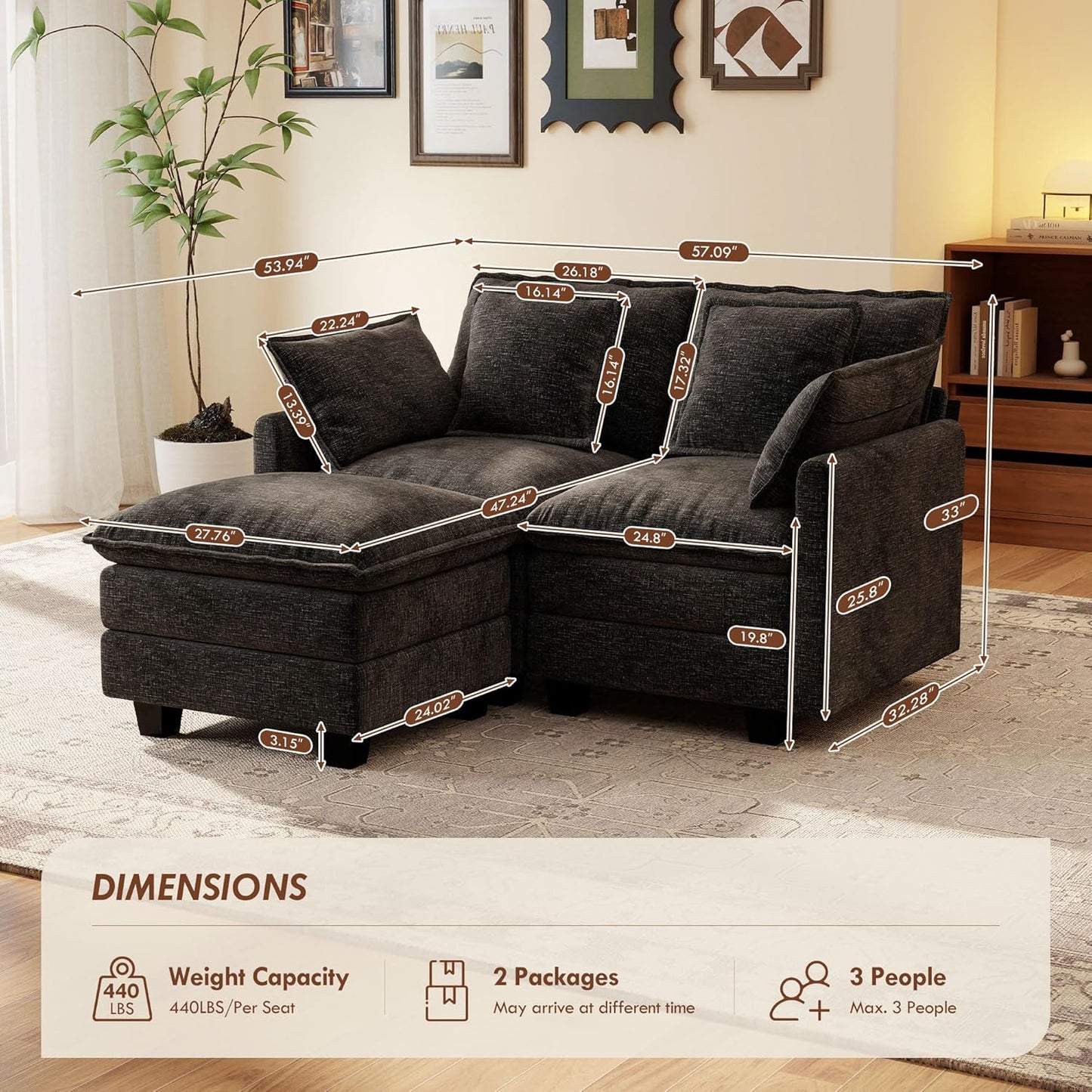 Ihanherry 57" L Shaped Modular Sectional Cloud Sofa, Modern 3 Seat Chenille Couch with Ottoman for Living Room, Bedroom and Apartment, Black