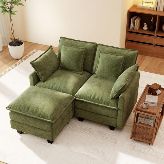 Ihanherry 57" L Shaped Modular Sectional Cloud Sofa, Modern 3 Seat Chenille Couch with Ottoman for Living Room, Bedroom and Apartment, Green