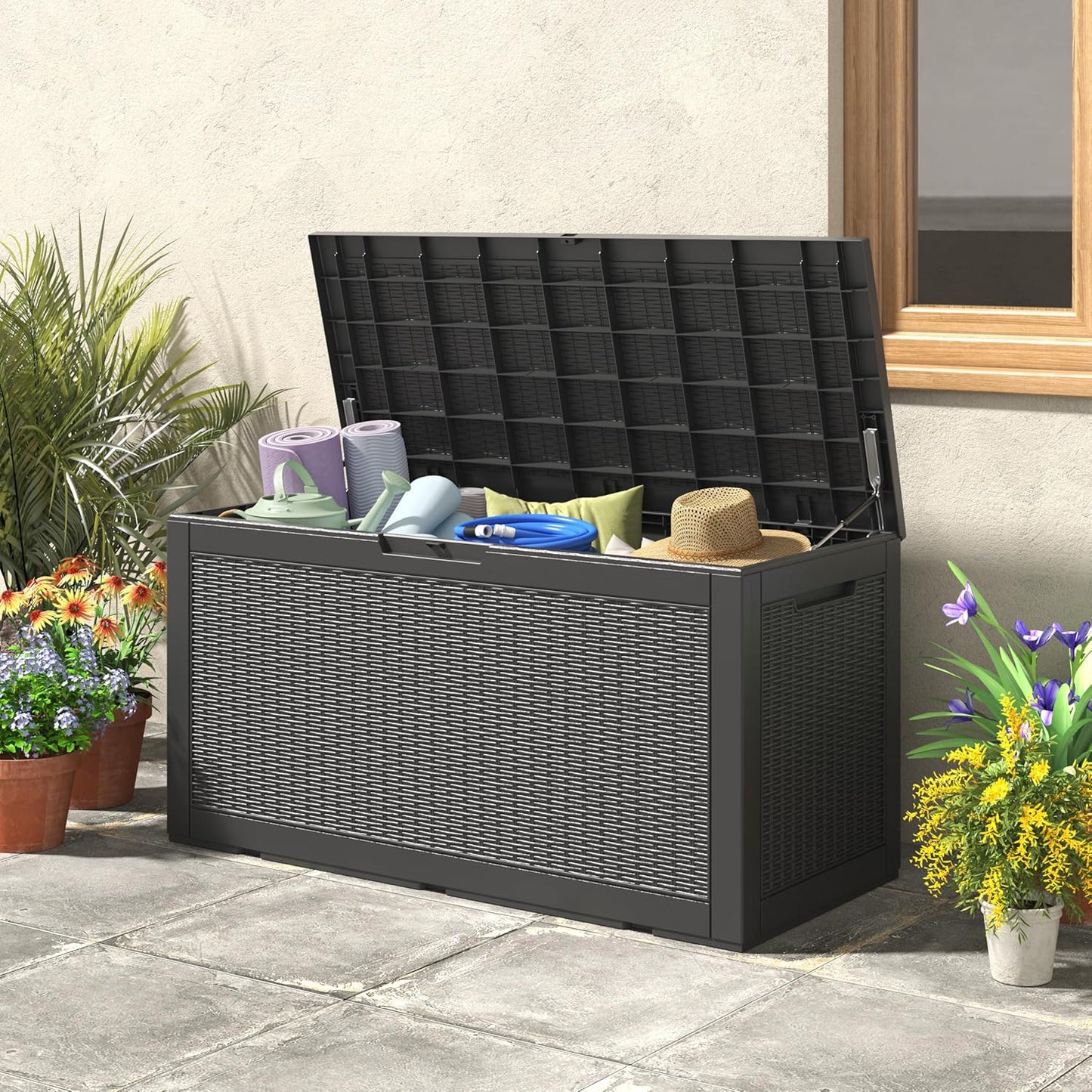 100 Gallon Deck Box Lockable Resin Outdoor Storage Box waterproof Outdoor Container for Patio Furniture Cushions, Pillow
