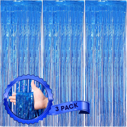 3 Pack 3.3 x 8.2 ft Laser Blue Foil Fringe Backdrop Curtains, Tinsel Streamers Birthday Party Decorations, Fringe Backdrop for Graduation, Baby Shower, Gender Reveal, Disco Party