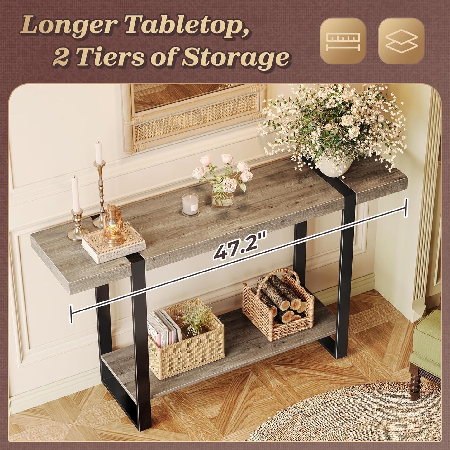 Huuger 47.2 Inch Entryway Table, 2-Tier Industrial Console Sofa Table with Storage, Accent Table, for Entry, Hallway, Entrance, Foyer, T-Shaped Metal Frame, Grey