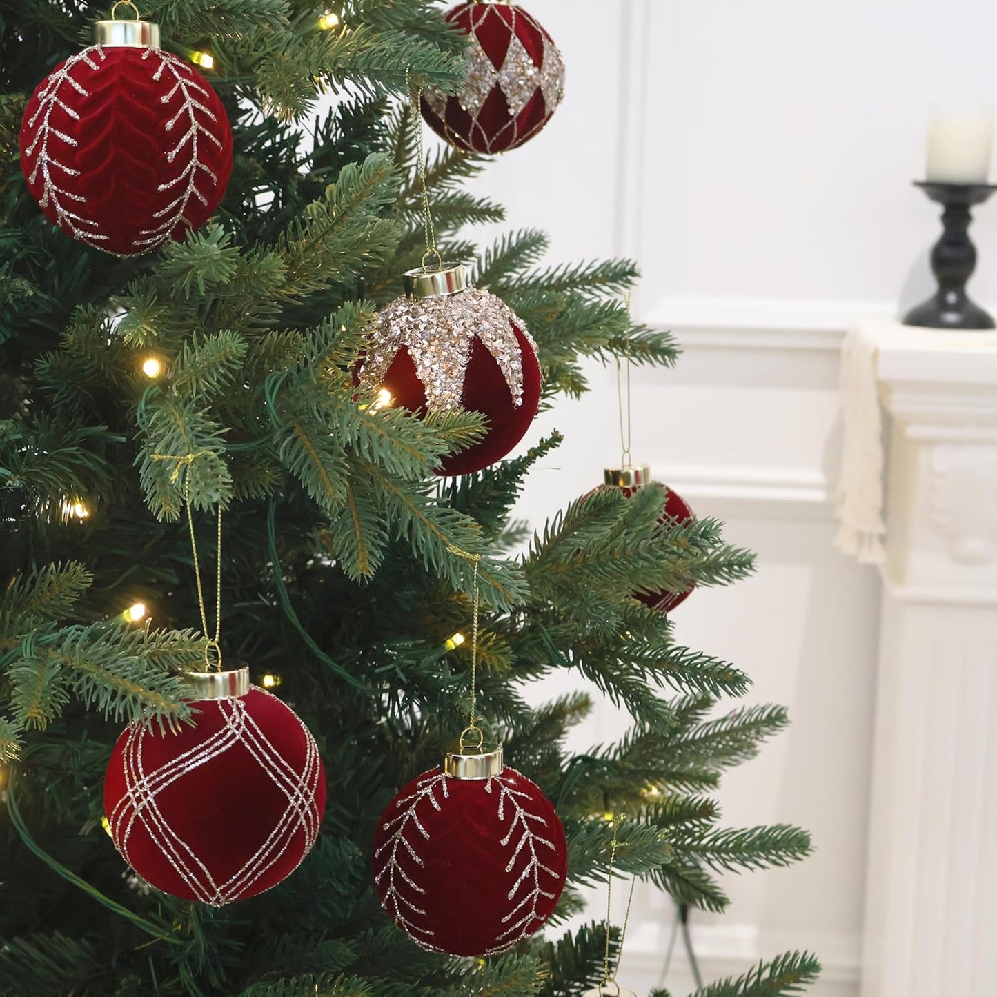 4inch Velvet Ornaments for Christmas Tree, 9PCS Glitter Flocked Christmas Ornaments Decorations Balls Set Decor Red