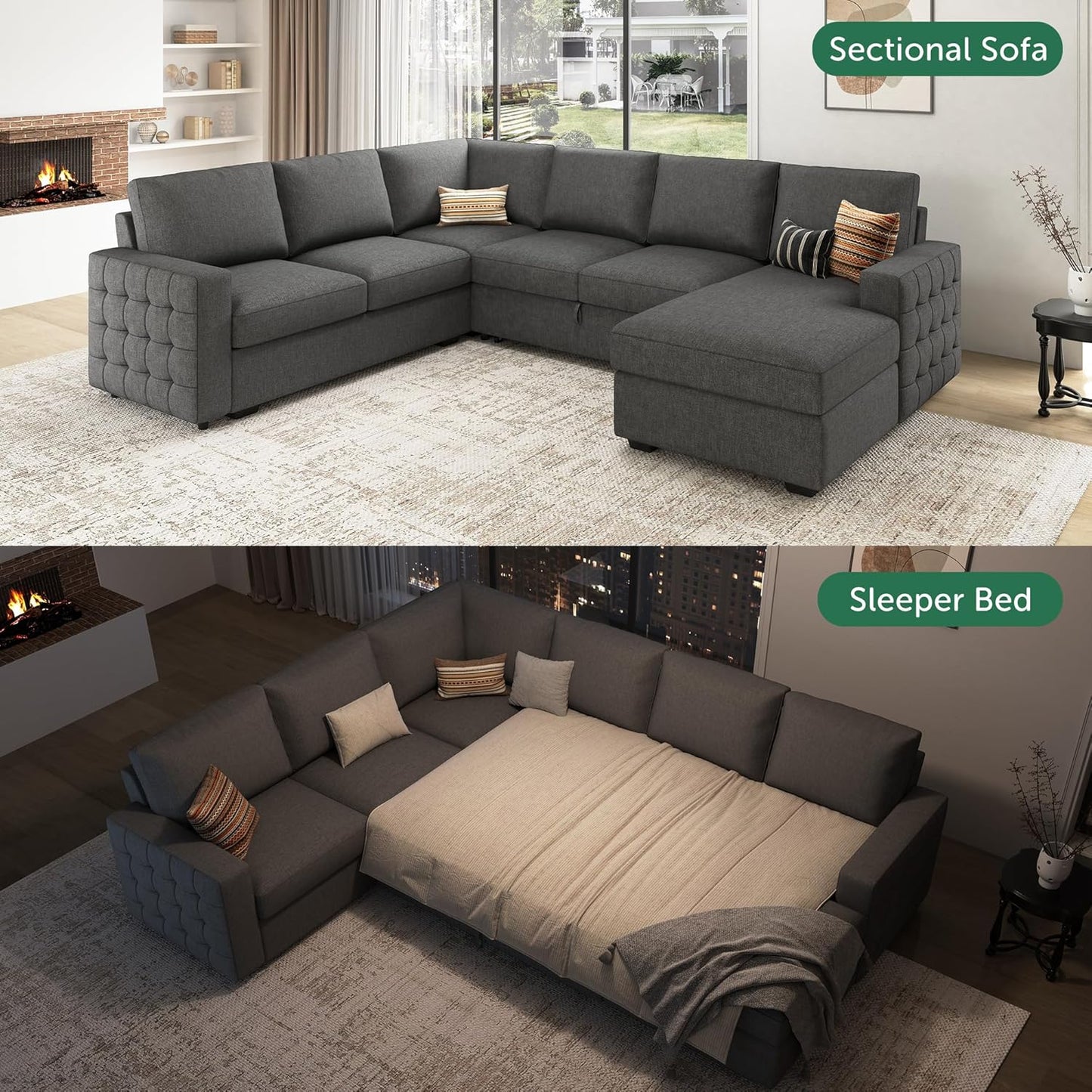 HONBAY Sectional Sleeper Sofa with Pull Out Bed U-Shape Sectional Couch Sleeper Bed with Storage Chaise 6 Seater, Light Grey