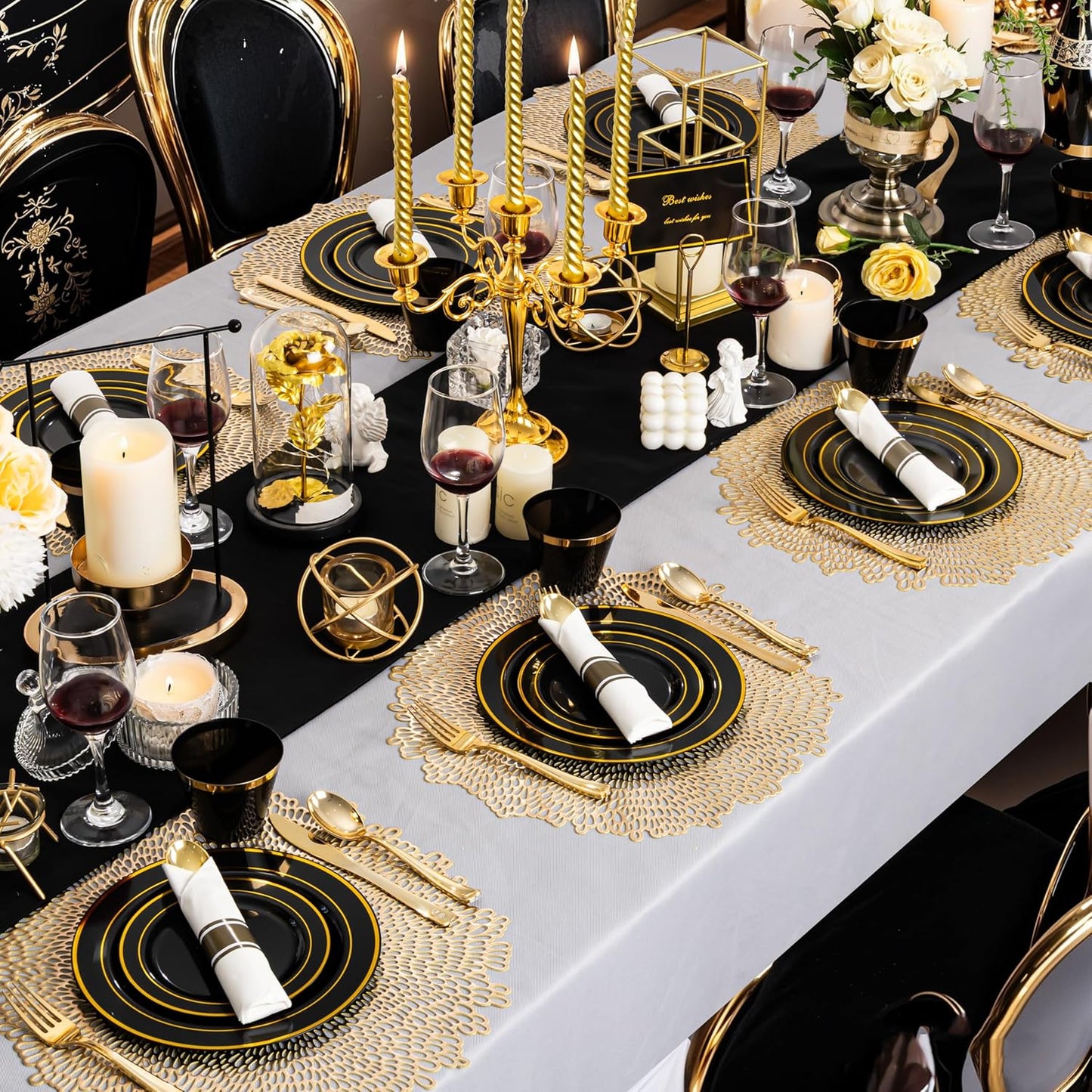350 Pieces Black and Gold Plastic Plates with Disposable Silverware, Include 50 Dinner Plates 9”, 50 Dessert Plates 6.3”, 50 Black Cups 9 OZ, 50 Pre Rolled Napkins for Halloween new year