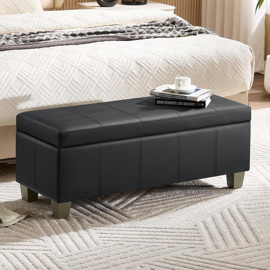 41" Faux Leather Storage Ottoman, Stitch Tufted Rectangle Upholstered End of Bed Storage Bench, Entryway Large Couch Ottoman with Wooden Legs, Dark Black