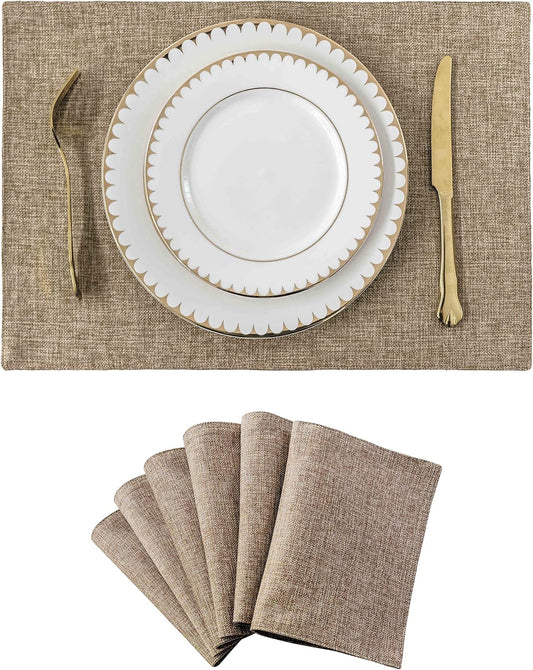 Home Brilliant Fabric Cotton Placemats Set of 6 Heat Resistant Dining Table Place Mats Kitchen Table Mats, Natural Linen