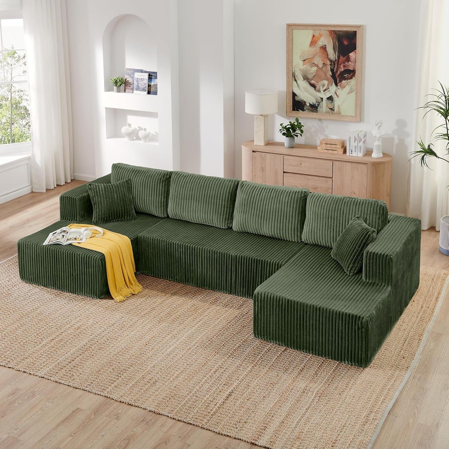 HYJT-H&K Modular Sectional Sofa Cloud Secttional Couch, 132" Comfy U Shaped Couches for Living Room, Deep Seat Memory Foam Fluffy Plush Corduroy Boneless Couch Sectionals with Chaise, Green