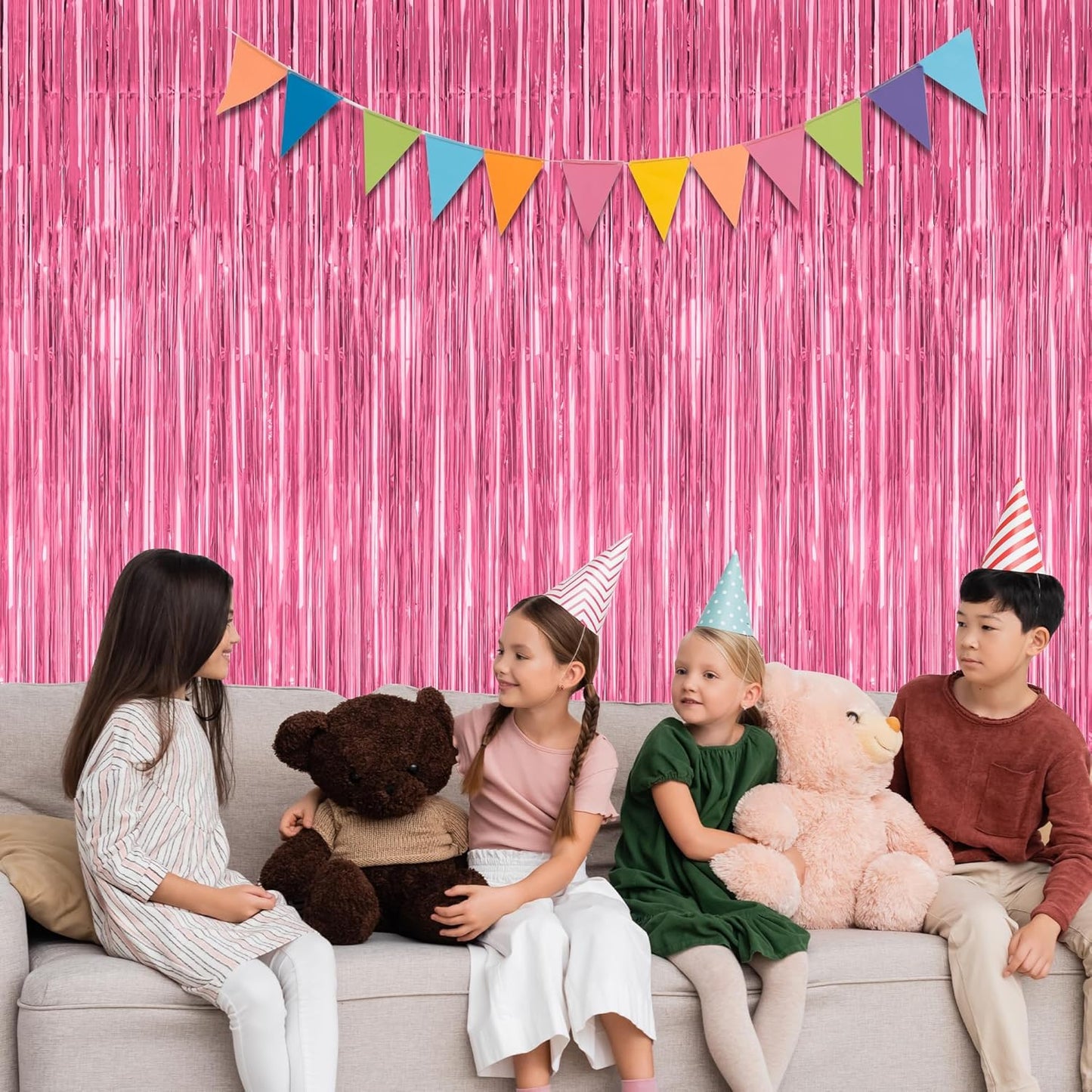 12 Pack Pink Backdrop, 3.28 FT x 7.05 FT Foil Fringe Curtains, Metallic Pink Tinsel Curtain Party Streamer Birthday Backdrop for Girl, Brithday Decorations Bachelorette Party Supplies