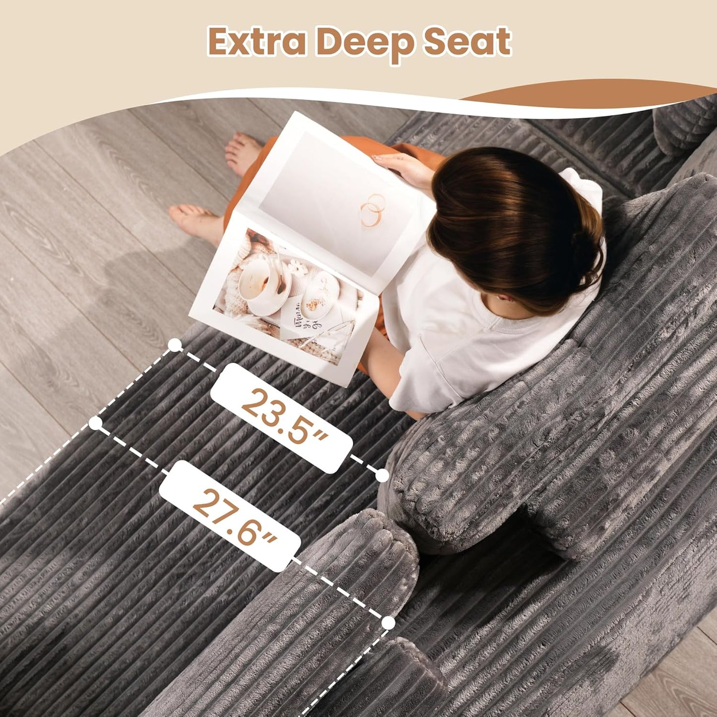 HOOOWOOO Cloud Sectional Couches for Living Room,Modular Sectional Sofa No Assembly,136X70 Inch Plush Corduroy Large U Shaped Floor Couch Set with Deep Seat(Gray)