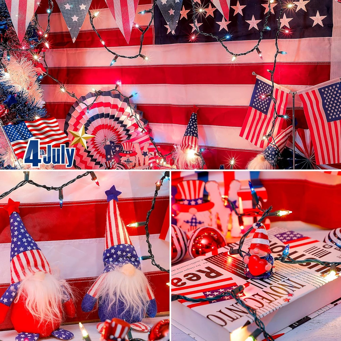 Hopolon Red White and Blue Mini Lights,2PACK 50Count 4th of July Patriotic String Lights Green Wire,13FT Incandescent Independence Day Light for Indoor Outdoor Christmas Party Decor,Red White Blue