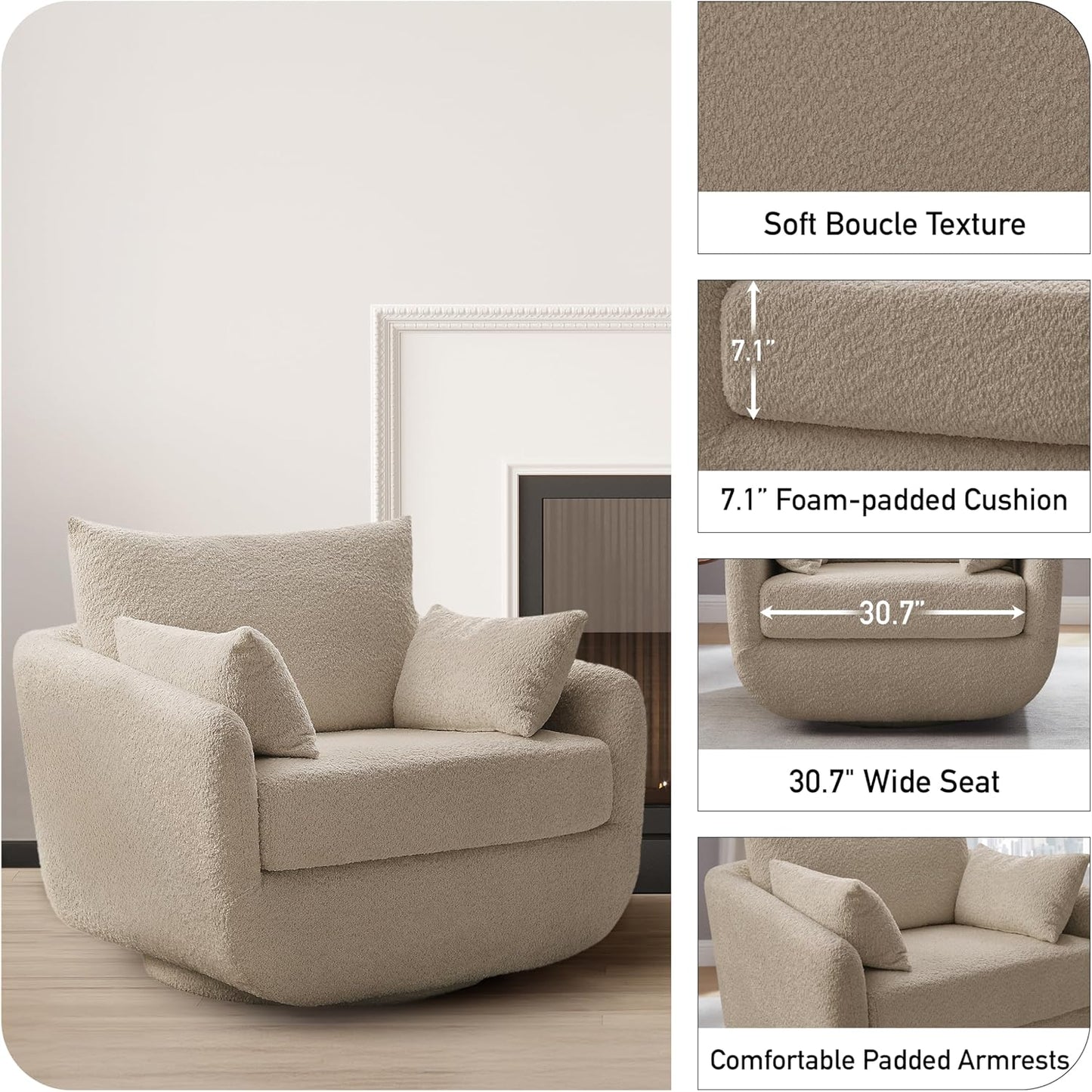 360° Swivel Accent Armchair, 39.3" Oversized, Sherpa Boucle Fabric Sofa Chair with Removable Back & Arm Pillows, Swivel Chair with Cozy Soft Padded, No Assembly Required (1, Camel)