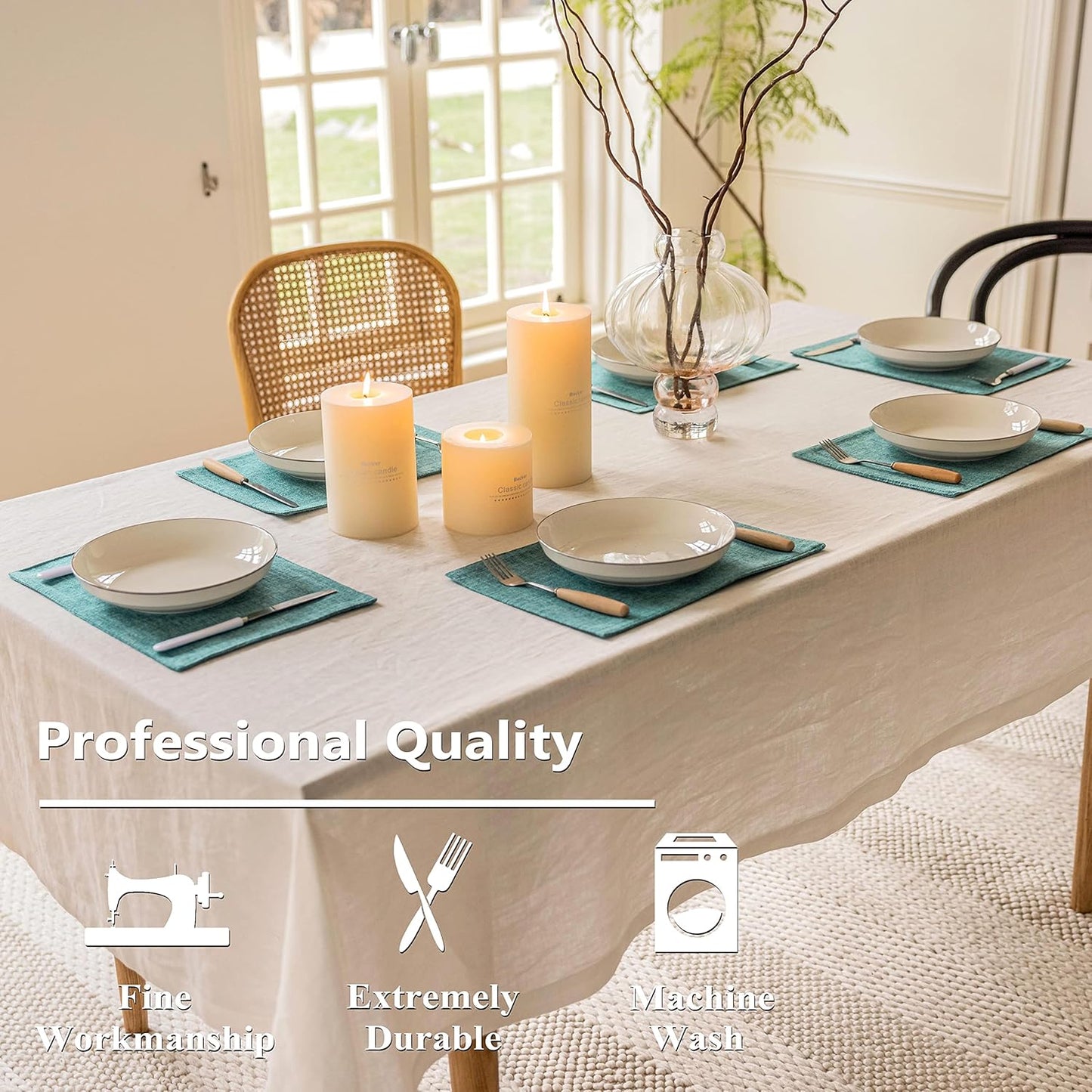 Home Brilliant Linen Placemats Set of 6 Heat Resistant Dining Table Place Mats for Kitchen Table, 13 x 19 inches, Peacock