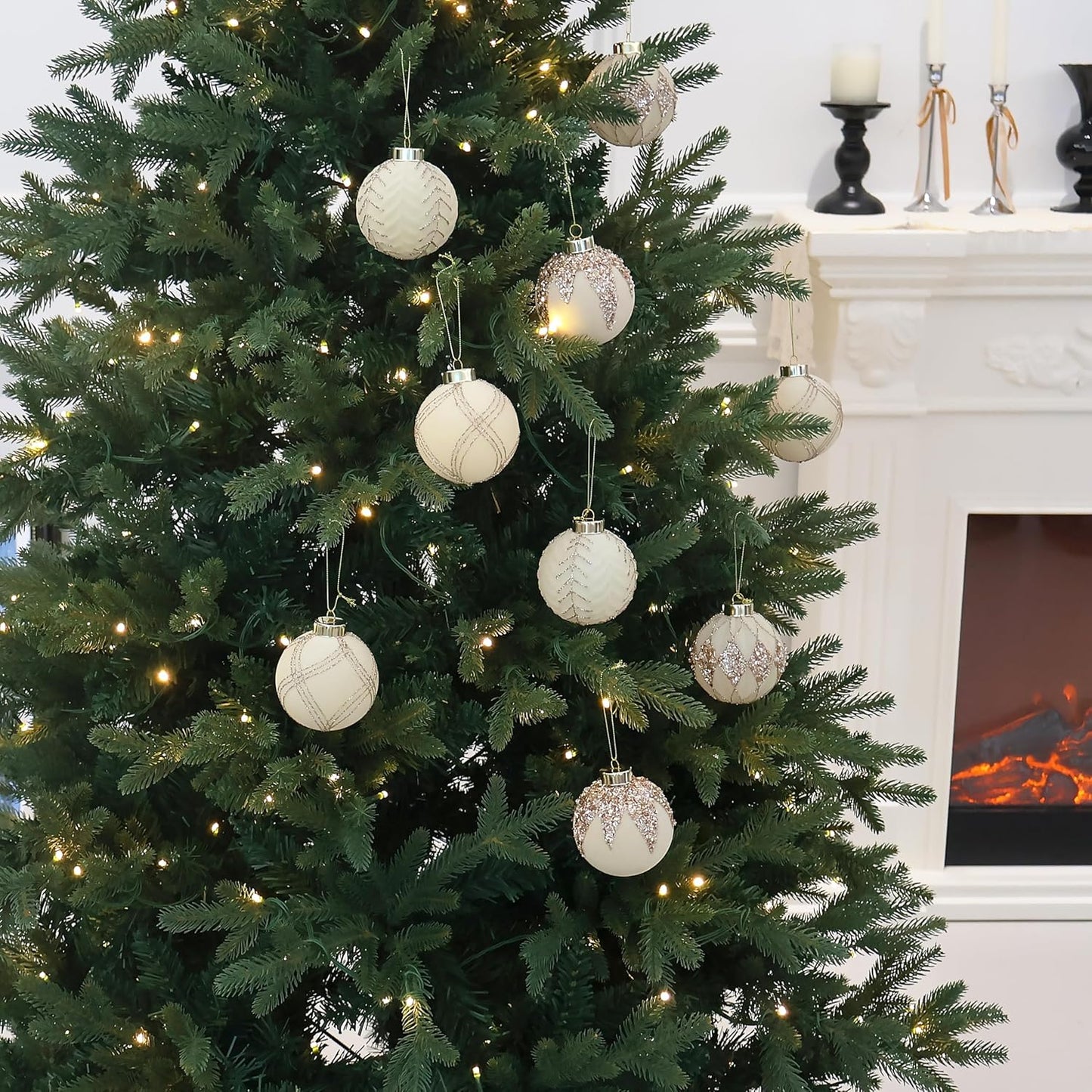 3.15INCH Beige Velvet Ornaments for Christmas Tree, 12PCS Glitter Flocked Christmas Ornaments Decorations Balls Set Decor