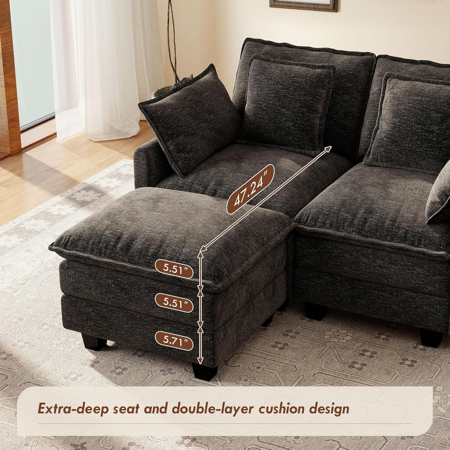 Ihanherry 57" L Shaped Modular Sectional Cloud Sofa, Modern 3 Seat Chenille Couch with Ottoman for Living Room, Bedroom and Apartment, Black