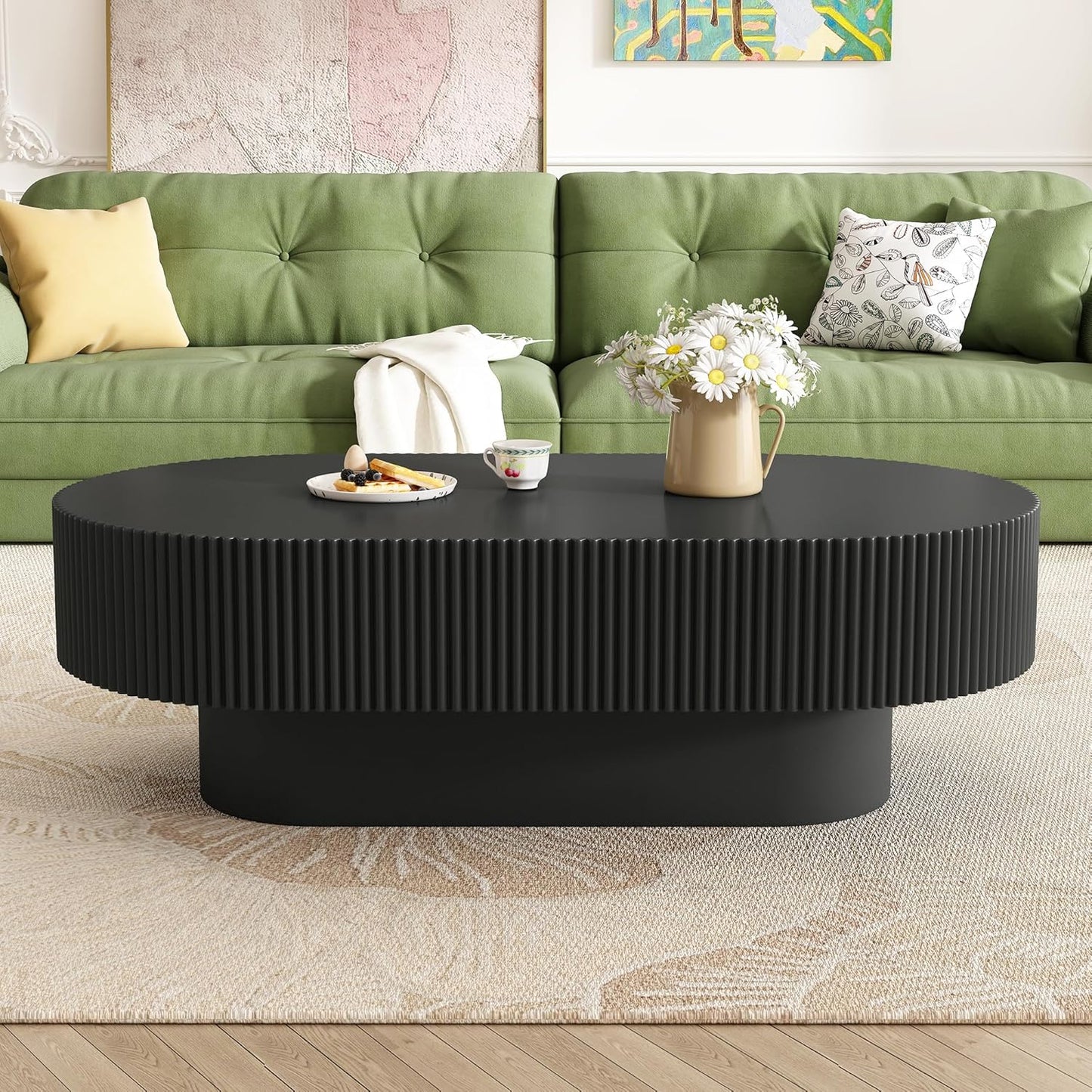 43.3" Oval Fluted Coffee Table Modern Elegant Drum End Table, Minimalist Center Table 7.8" Thick Tabletop with Sturdy Base for Living Room, Bedroom, Apartment,Easy Assembly, Black