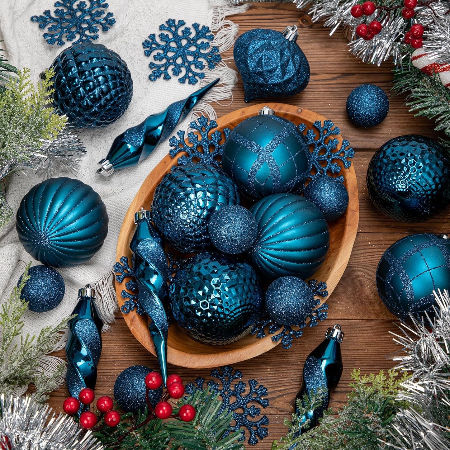 50PCS Christmas Tree Ornaments Set with Shatterproof Balls Icicle Snowflake Hanging Ornaments for Home Office Farmhouse Christmas Decorations, Dark Blue