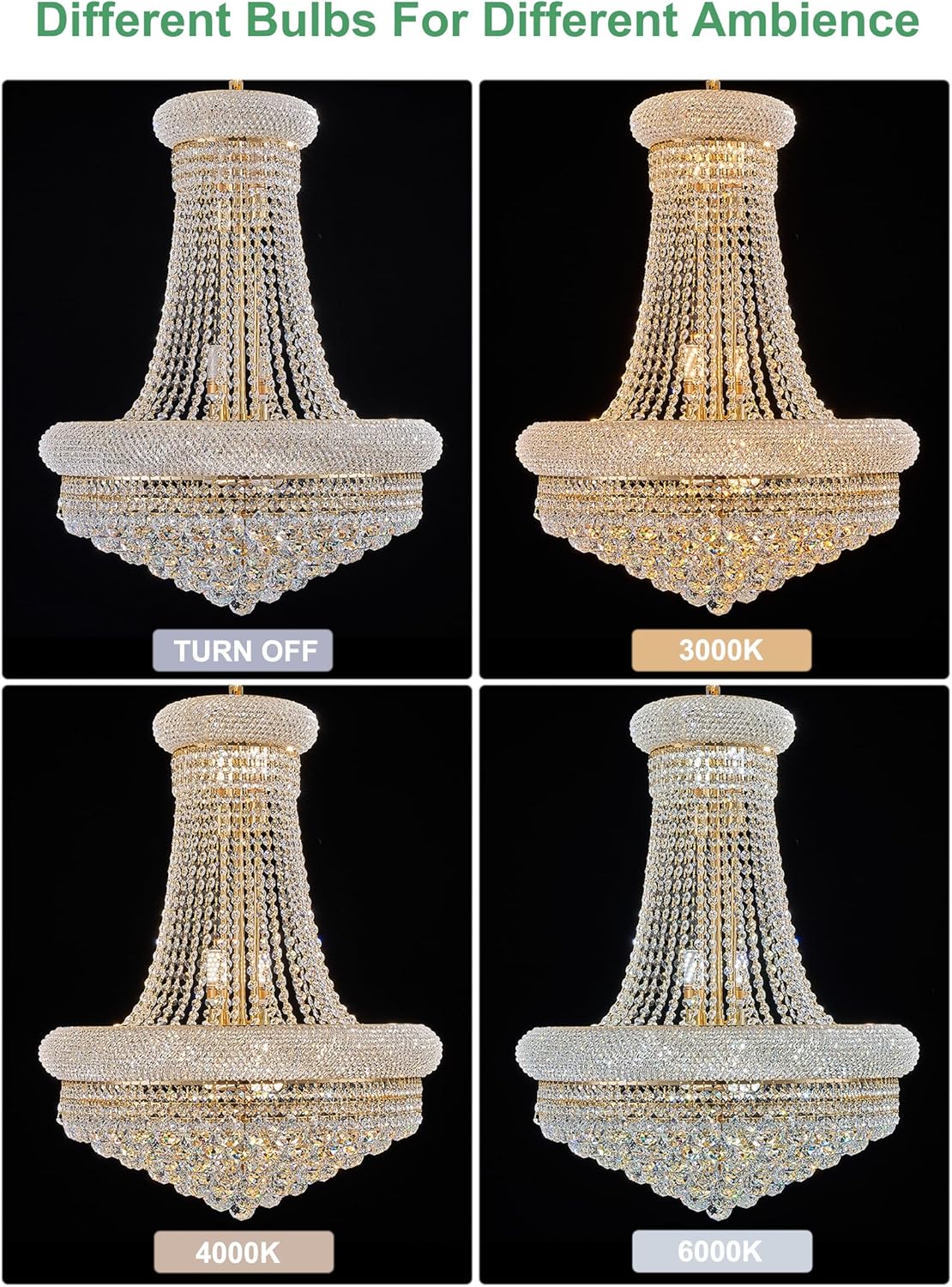 14 - Light Unique Empire Crystal Chandelier with Adjustable Chain for High Ceiling Foyer Entryway Living Room Dining Room Bedroom Gold Finish