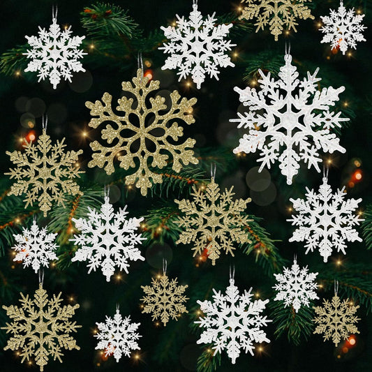 36pcs Snowflakes-Christmas Tree Decorations, Snowflake Ornaments for Tree, Plastic Glitter White Gold Snow Flakes Ornaments, Christmas Indoor Winter Wonderland Frozen Birthday Party Holiday Home Decor