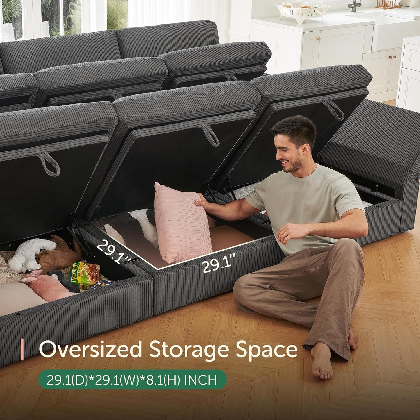 HONBAY Modular Sectional Couches with Storage Corduroy Sleeper Sofa Modular Sectional Couches for Living Room,Dark Grey