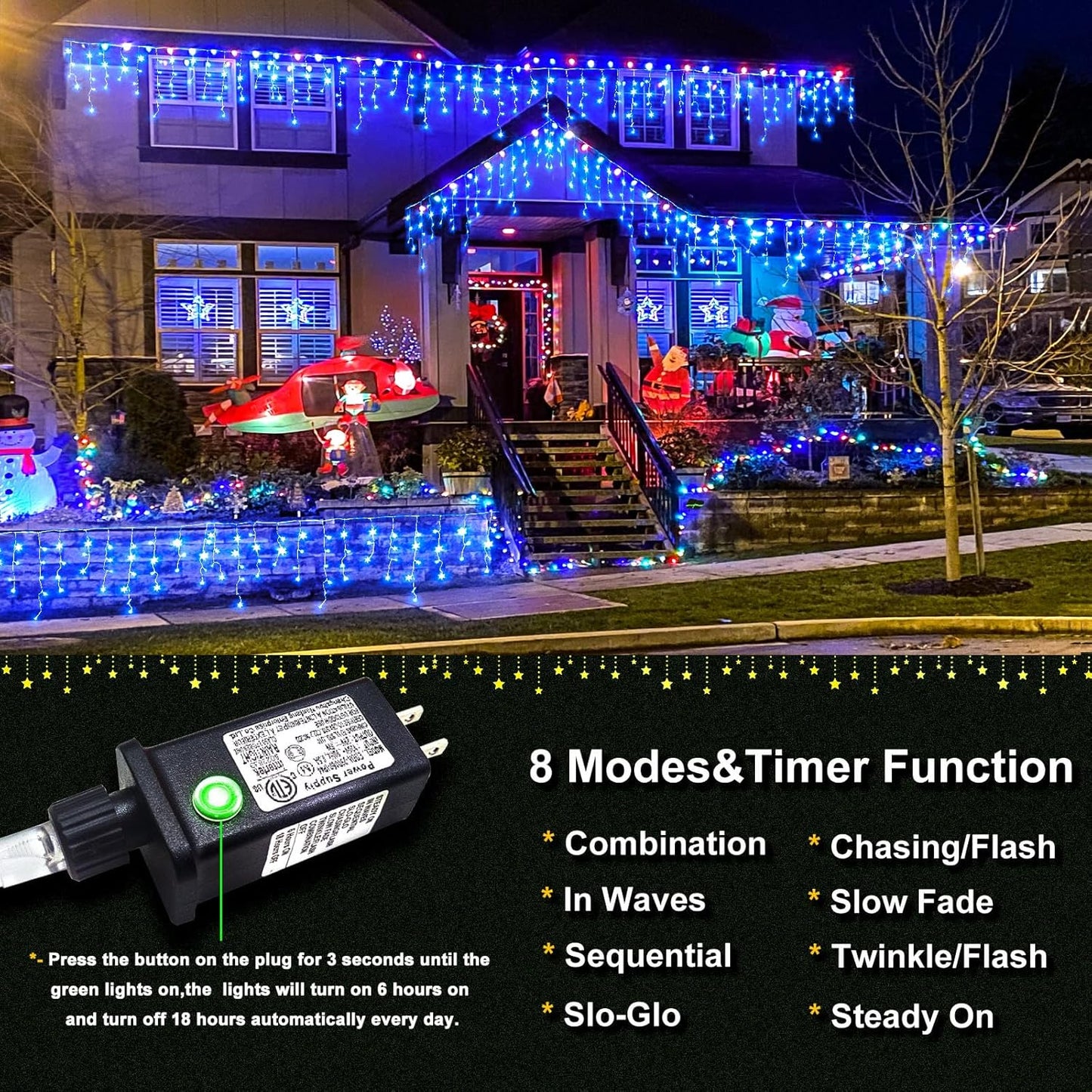 Icicle Christmas Lights Outdoor 99ft 1216 LED Icicle Lights for Outside 8 Modes with 228 Drops, Waterproof Plug in Blue Christmas Light for House Indoor Party Holiday Wedding Halloween Decorations