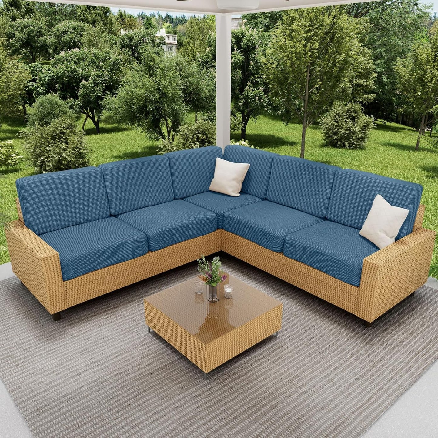 hyha Waterproof Couch Cushion Covers for Pets, Non Slip Sofa Seat Cover for Dogs Washable, Soft Thick Stretch Jacquard Fabric, Sofa Slipcovers with Elastic Bottom (2 Pieces, Blue)