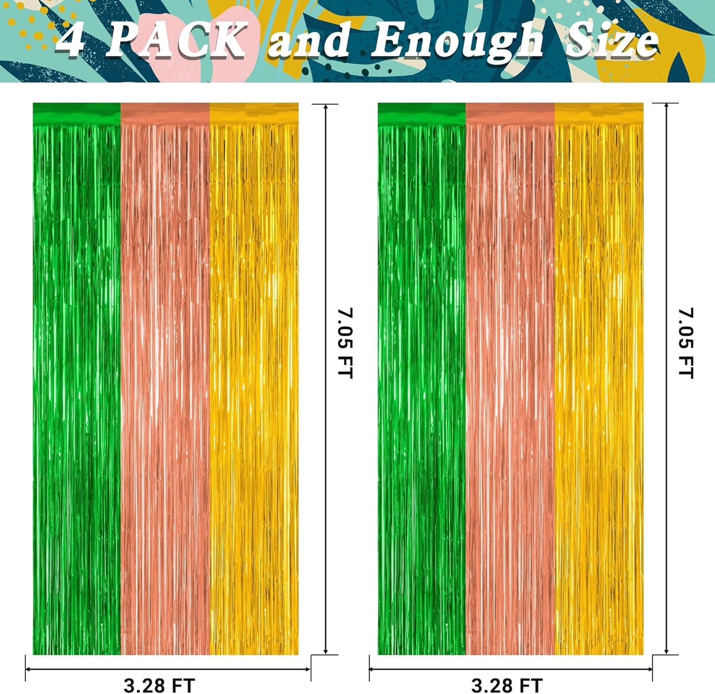 4 Pack Hawaiian Party Decorations, 3.28 FT x 7.05 FT Hawaii Tinsel Backdrop, Green Brown Yellow Foil Curtains Fringe Backdrop Party Streamer, Metallic Summer Decor Luau Party Decorations