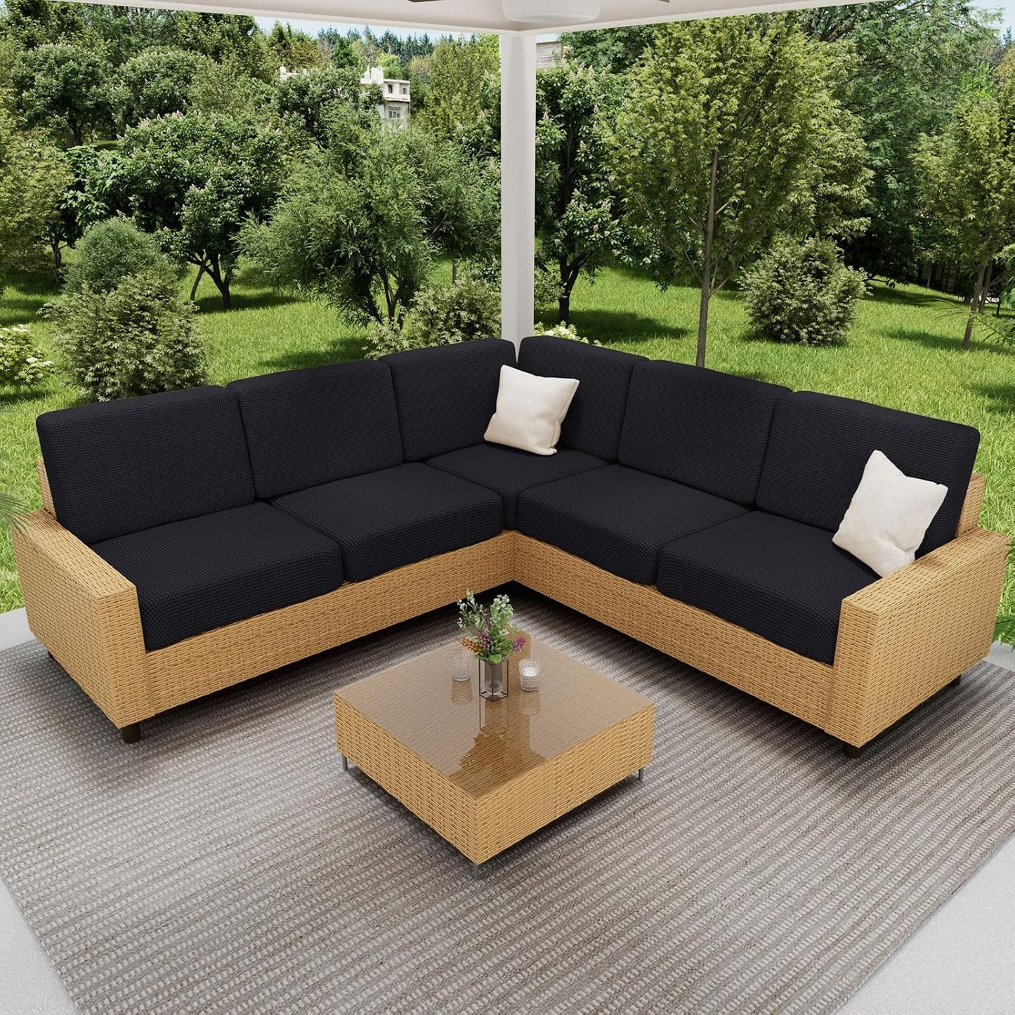 hyha Waterproof Couch Cushion Covers for Pets, Non Slip Sofa Seat Cover for Dogs Washable, Soft Thick Stretch Jacquard Fabric, Sofa Slipcovers with Elastic Bottom (1 Chaise+3 Seater, Black)