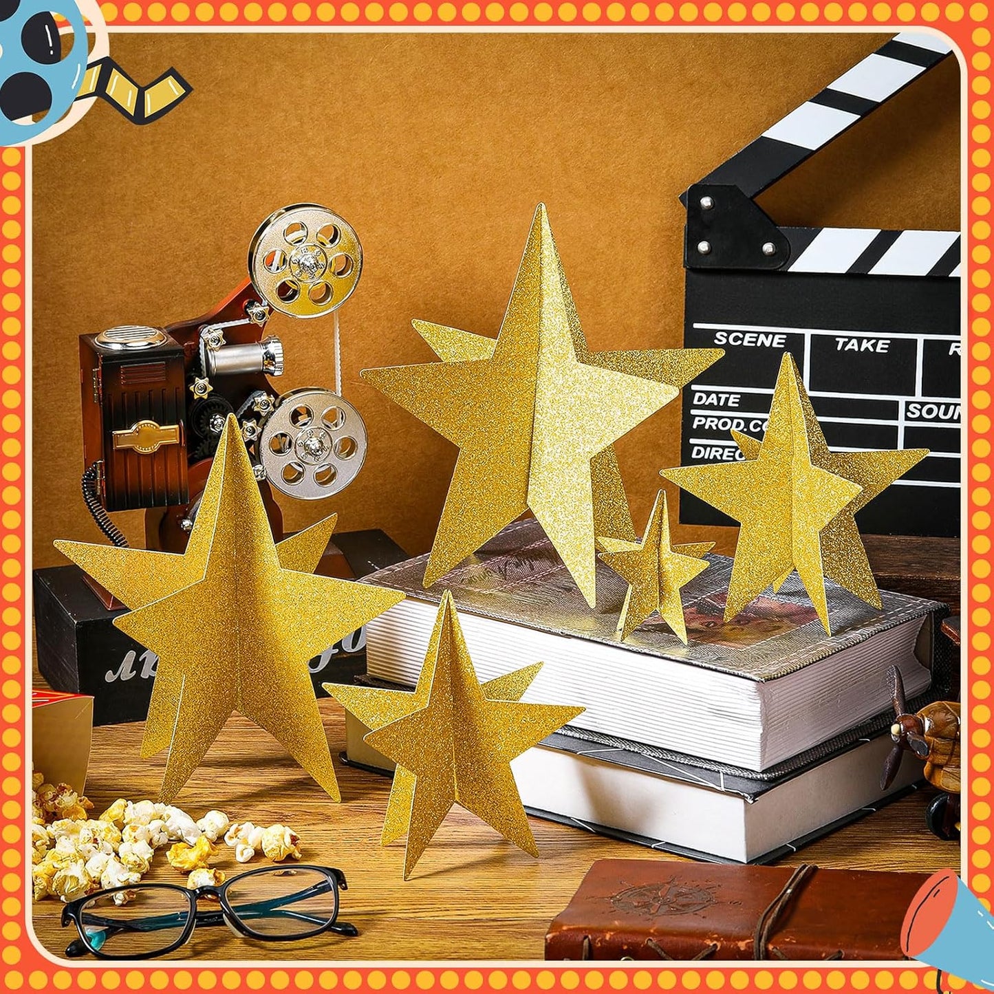 45 Pcs 3D Star Centerpieces Movie Night Decorations for Table in 3 Sizes Hanging Supplies for Red Carpet Film Show Theme Birthday New Year Party First Day of School Table Decor(Gold)