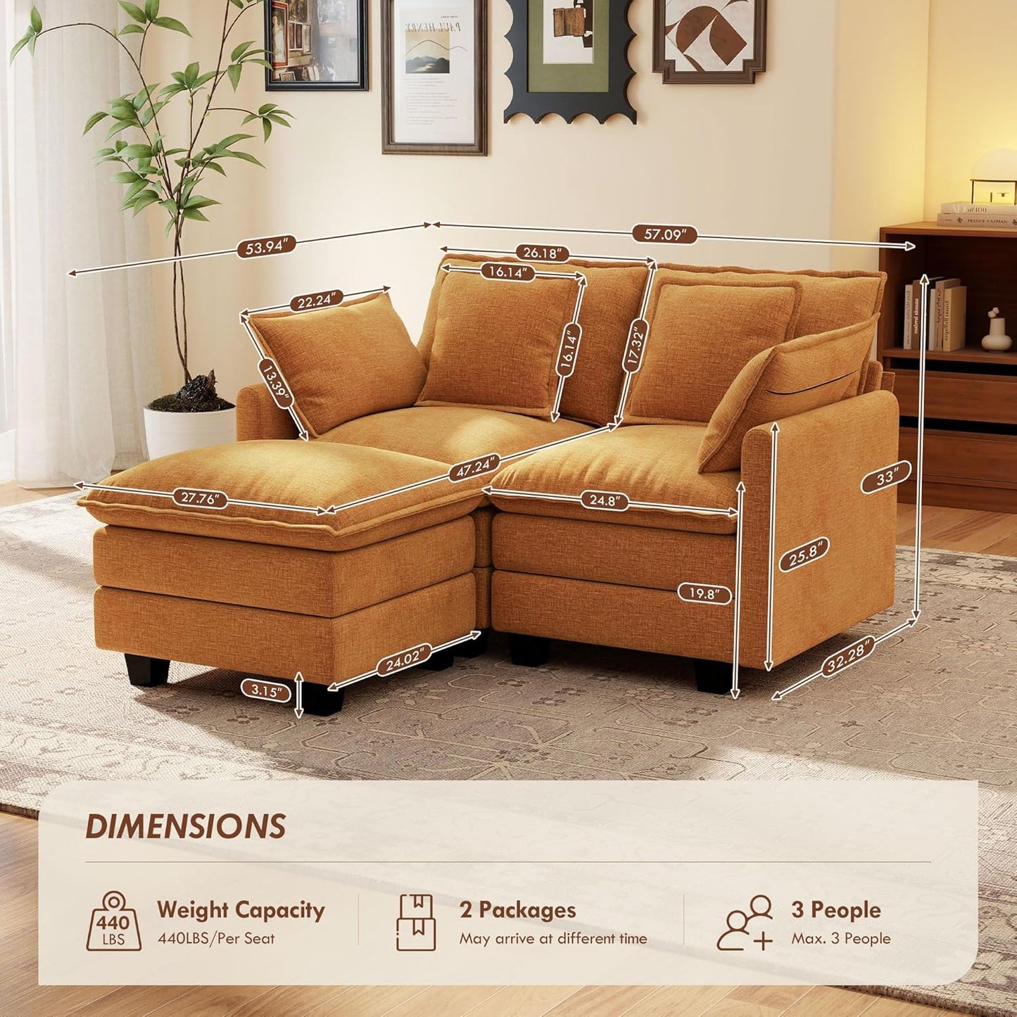 Ihanherry 57" L Shaped Modular Sectional Cloud Sofa, Modern 3 Seat Chenille Couch with Ottoman for Living Room, Bedroom and Apartment, Orange